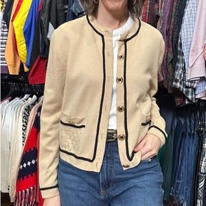 St John Beige Black Trim Gold Button Front Cardigan Wool Sweater Luxury Prep L